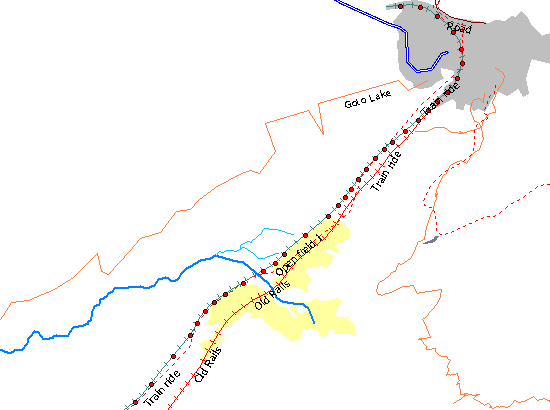 Um tracklog no software GPS TrackMaker. Observe os pontinhos vermelhos que interligados delineiam o tracklog da ferrovia